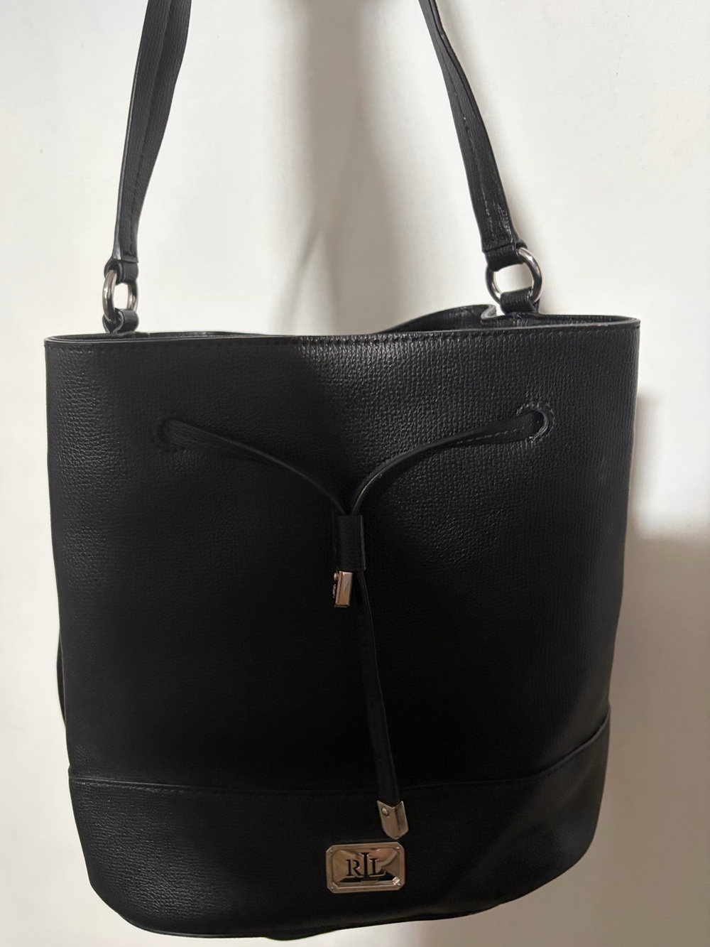 Ralph Lauren Black Leather Drawstring Shoulder Bucket Bag